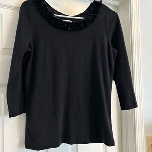 Talbots Black Long Sleeve Top with Embellished Neckline